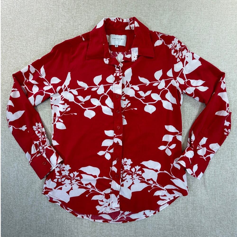 The Shirt Rochelle Behrens Women's Medium Red White Leaf Boyfriend Shirt Blouse